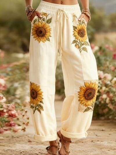 Cotton And Linen Elastic Waist Floral Pants