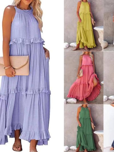 Summer Vacation Halter Neck Long Dresses Women Fashion Backless