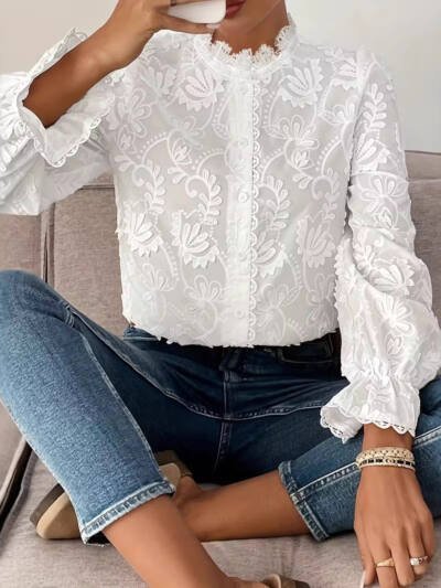 Elegant Embroidered Lace Blouse For Sophisticated Ladies In Spring