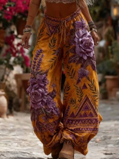 Women's Elegant Floral Print Wide-leg Pants