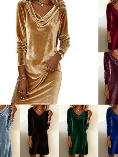 Elegant Solid Color Swing Collar Long Sleeved Velvet Dress