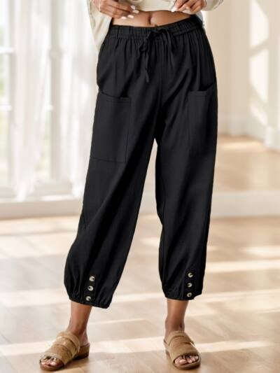 Wide Leg Capri Pants, Loose Casual Drawstring Waist Women's Clothing