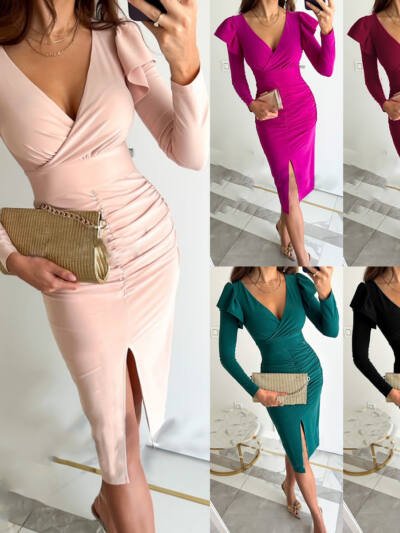 V-neck Solid Color Long Sleeve Dress