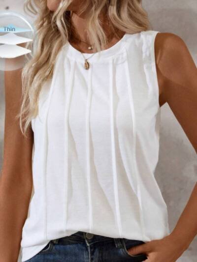 Women's Summer Solid Color Round-Neck Pleated Loose Casual Tank Top