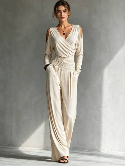 Long-sleeve Waist-cinched Pleated Casual Jumpsuit