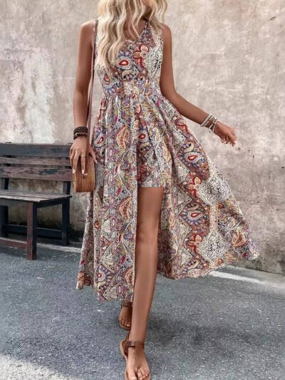 Summer Vacation Casual Chic Fashion Womens Printed V-Neck Sleeveless