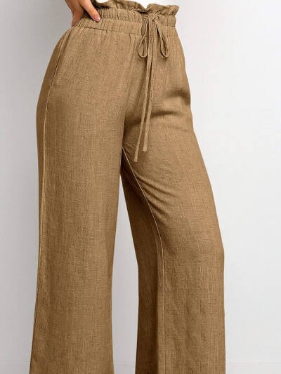 Elastic Waistband Lace-up Wide Leg Pants Solid Color Cropped Pants
