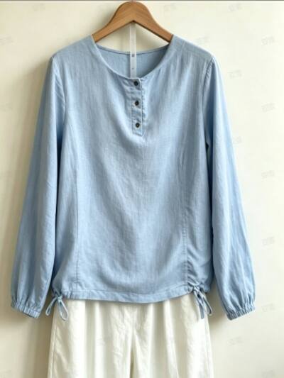Light Blue Textured Round Neck Half Open Button Drawstring Waist
