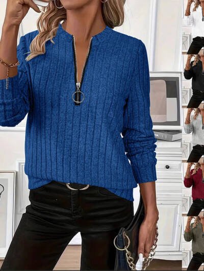 New Womens Rib-knit Solid-color Long-sleeve Top With A Zipper