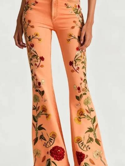 Fashionable Casual Floral Print Women's Jeans