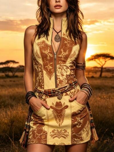 Western Cowboy Print Sleeveless Half-Zip Mini Dress