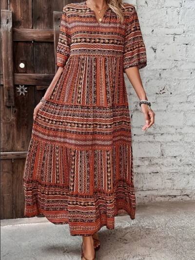 Plus Size All Over Print Tiered Dress, Vacation Notch Neck Short