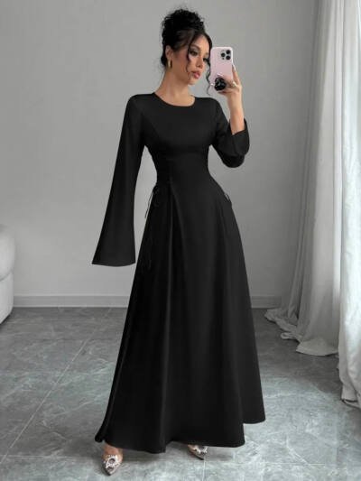 Long-sleeve Cinched-waist Satin Dress For Women