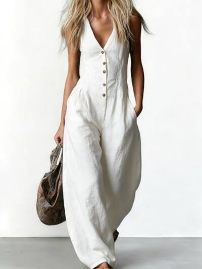 Yunqi White Cotton Deep V Wide-Leg Jumpsuit