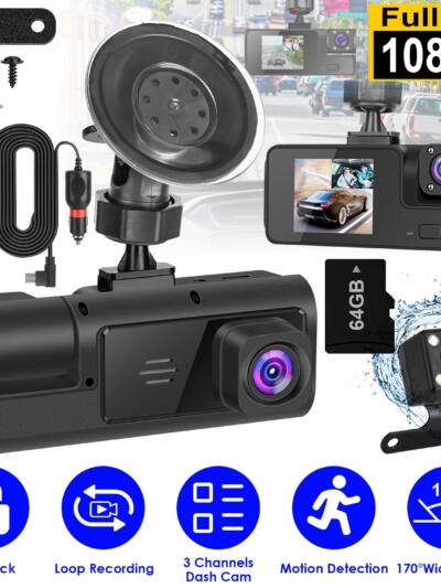 WiFi 1080P 3-Channel Car Dash Cam with 64GB Card