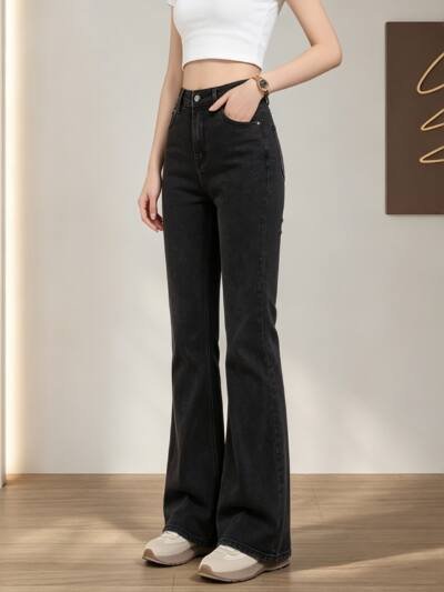 Solid Black Washed Bell Bottom Denim Jeans, Women High Waist Stretch Flare Jeans