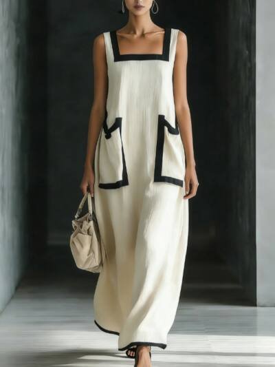 Beige Square Neck Sleeveless Contrasting Long Dress