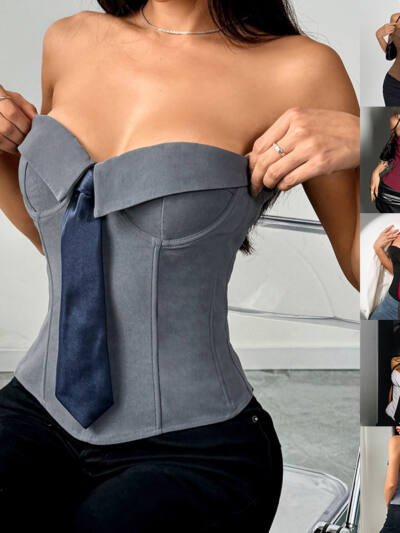 Y2k Bandeau Top With Faux-tied Design Ins Fashion Solid Color Vest For Women Clothing