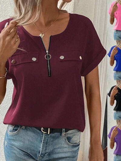 Women's V-Neck Zipper Top Solid Color Short Sleeve Blouse