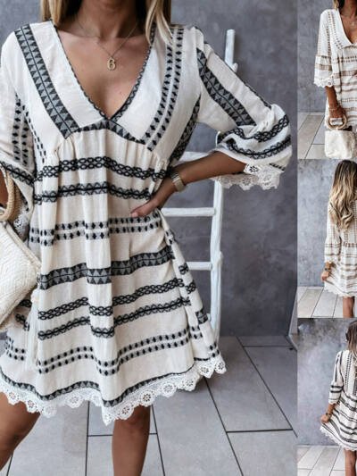 Long Sleeve Geometric Print Dress Fashion Loose Stitching V-neck Lace