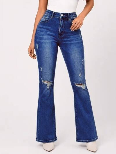 High Waist Ripped Flare Jeans Women Medium Blue Washed Distressed