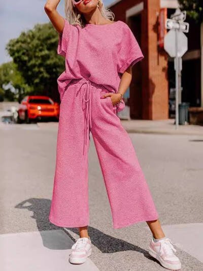 Textured Short Sleeve Top & Pants Set