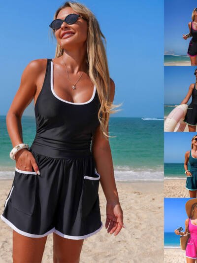 Womens Fashion Solid-Color One-Piece Sports Swimsuit