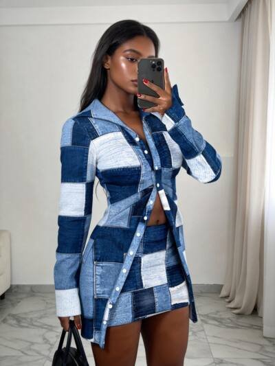 Geometric Patchwork Denim Top And Skirt For Women