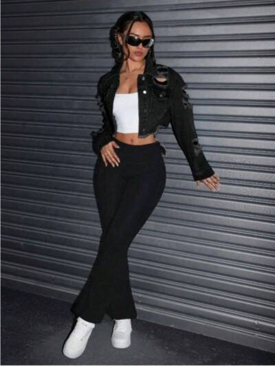 Women's Black Denim Jacket Cropped Distressed Ripped Jeans Vintage
