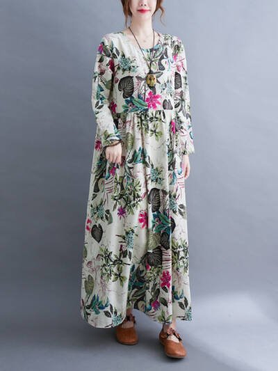 Literary Plus Size Printed Long Sleeve Dress