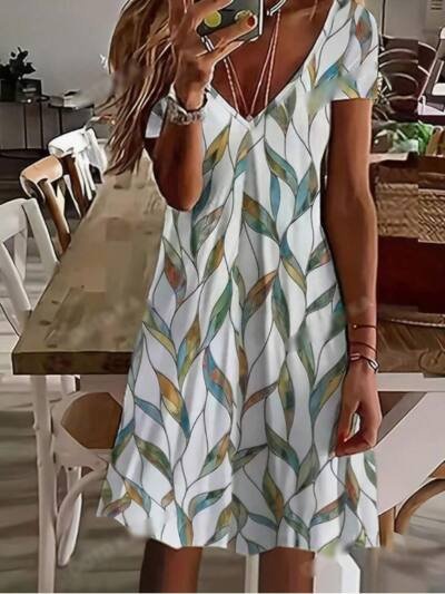 Women'S Casual Resort V-Neck Leaf Print Short-Sleeved Dress