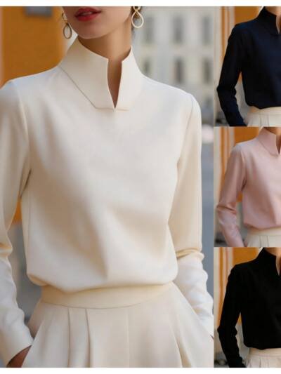 New Chinese-style Mandarin-collar Long-sleeve Blouse Niche Office-chic Top For Women