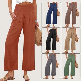 Springautumn Solid-color Womens Cropped High-waist Pants