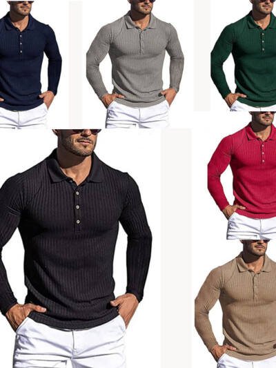 Men's Running Sports Fitness High Stretch Striped Long Sleeve POLO