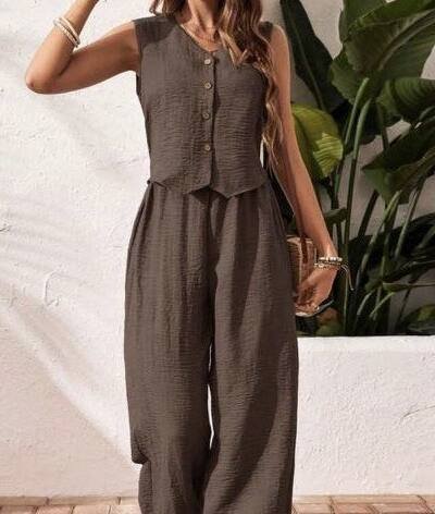 Linen Leisure Commute Front Button Vest And Trousers