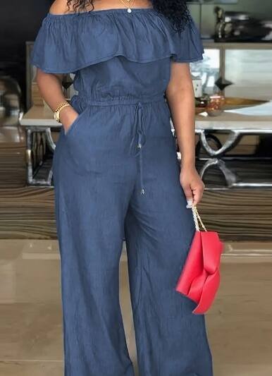 Solid Off Shoulder Tie Waist Jumpsuit Elegant Ruffle Trim Wide Leg