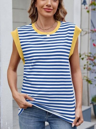Striped Contrast Color Round Neck Loose Short Sleeves