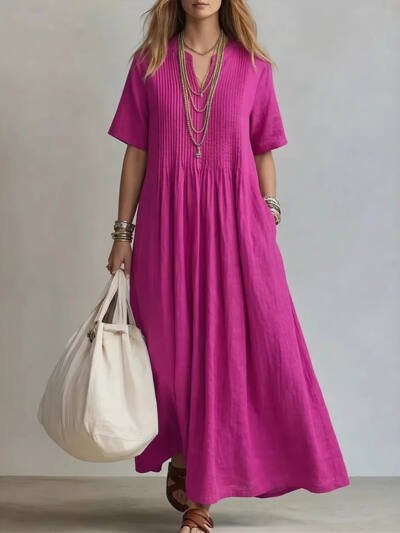 Casual Loose V-Neck Short-Sleeve Pleated Cotton-Linen Dress