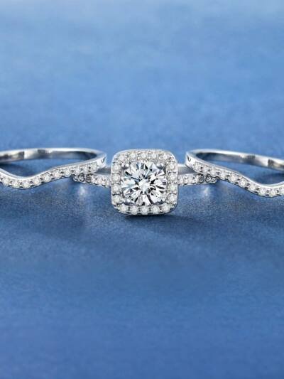 White Gold Plated Square Zircon Three-piece Stackable Engagement Ring