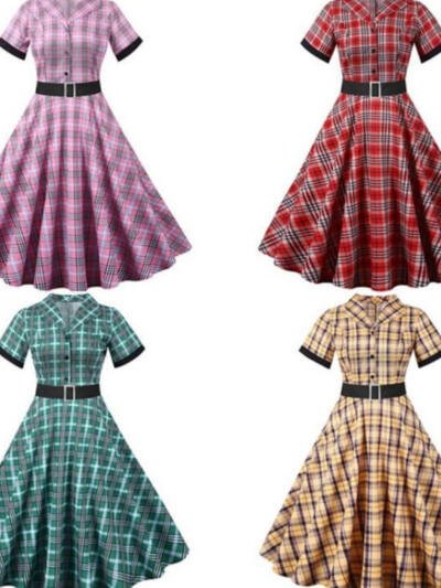 Casual Short-sleeved Slim-fit Vintage Plaid-print Dress