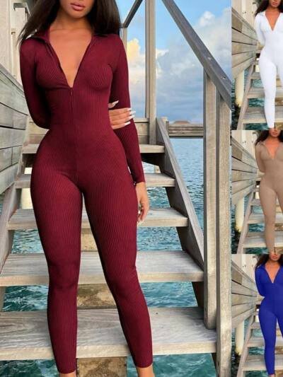 Casual Ribbed Zip-up Jumpsuit Long Sleeves