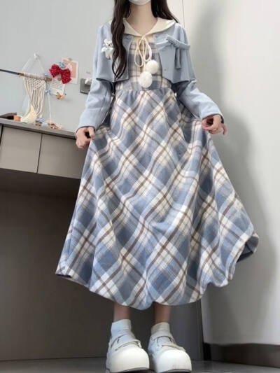Faux Two-piece Plaid Design Long Sleeve Dress For Women