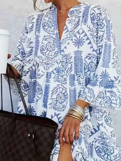 Printed Slit V-neck Dress For Women