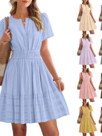 Womens V-neck Pleated Puff-sleeve Flared Short-sleeve Dress