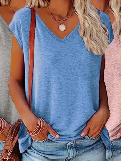 3-Pack Women's Casual V-Neck T-Shirts Solid Color Short Sleeve Tee