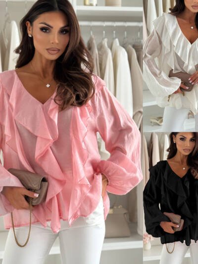 V-neck Ruffled Puff-sleeve Long-sleeve Shirt Top