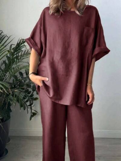 2pcs Women Solid Color Crew Neck Short Sleeve Top And Long Pants Casual Outfit