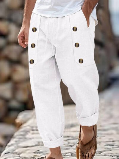 Hawaii Beach Men's Cotton And Linen Trousers With Multiple Buttons