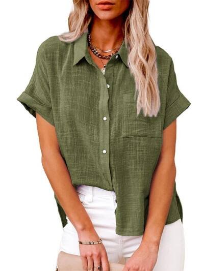 Women's Fashion Casual Cotton Linen Pocket Short-sleeved Shirt