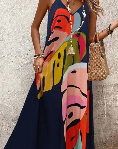 Women's Fashionable Colorful Leaf Printed Strappy Dress Maxi Women